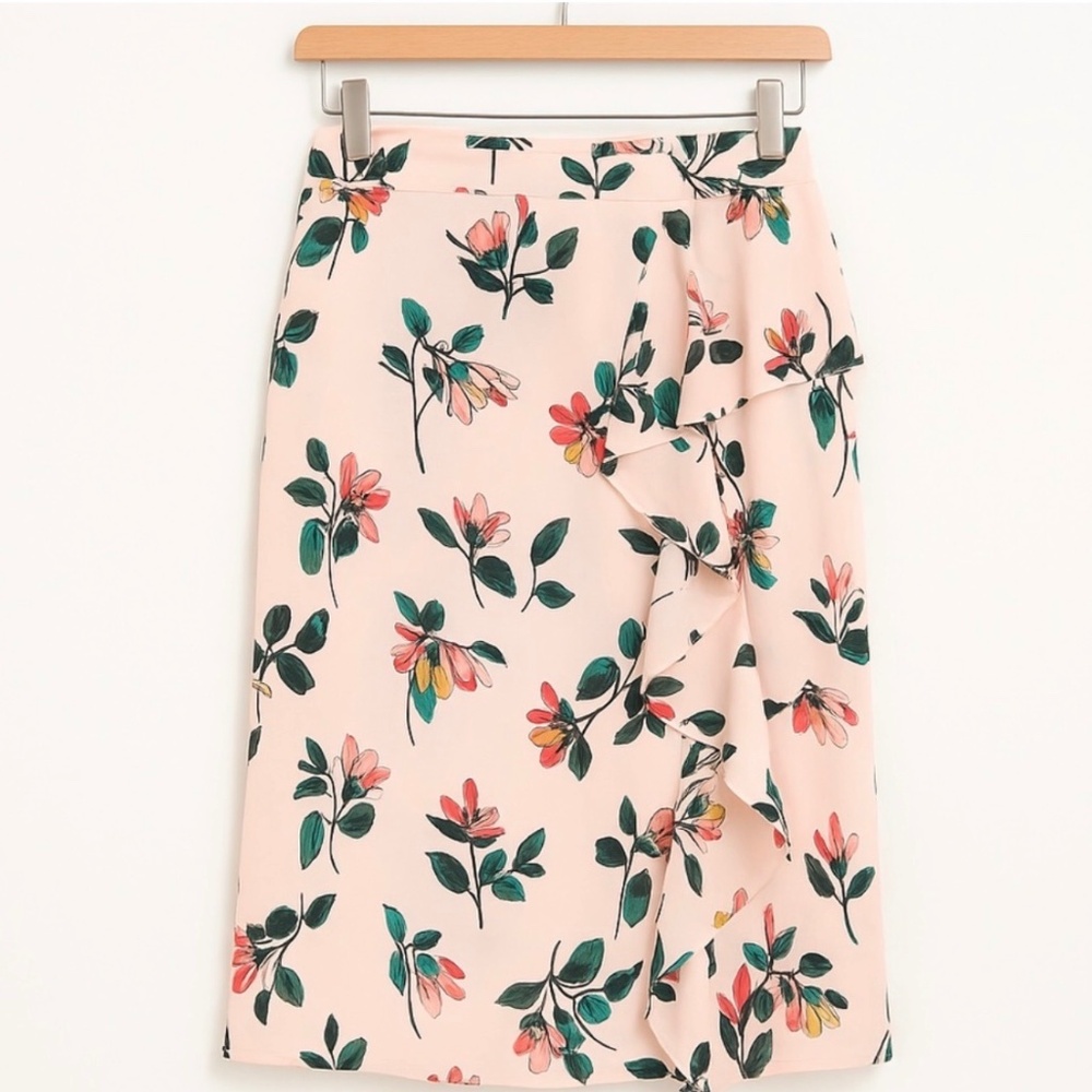Ted Baker Elegant Side Ruffle Midi Skirt Shell Pink Floral Women's M (8-10) NWT